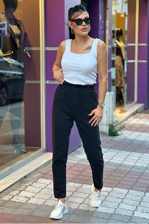 Bel Lastikli Yüksek Bel Pantolon-Füme