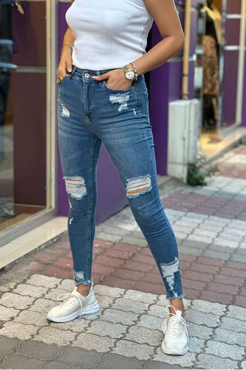 Yırtık Detaylı Likralı Yüksek Bel Pantolon-Mavi