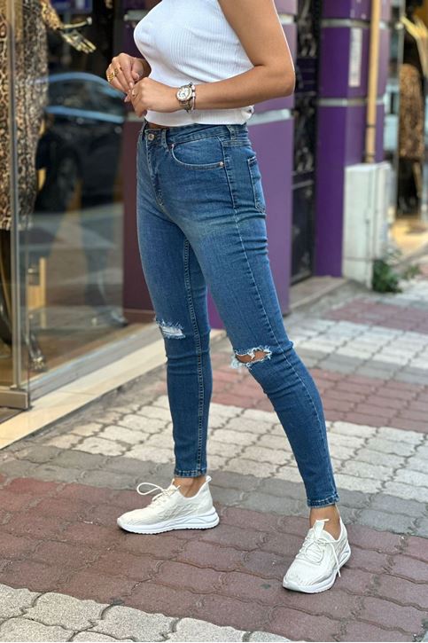 Yüksek Bel Diz Yırtık Mavi Jean-Mavi