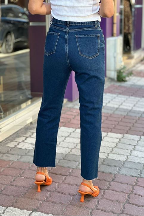 Paçası Lazer Kesim Taşlamalı Yüksel Bel Mom Jean-Lacivert
