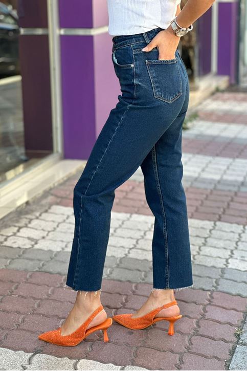 Paçası Lazer Kesim Taşlamalı Yüksel Bel Mom Jean-Lacivert