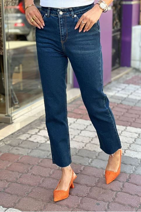 Paçası Lazer Kesim Taşlamalı Yüksel Bel Mom Jean-Lacivert