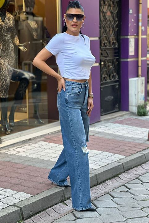 Bol Paça Diz Lazer Yırtık Detaylı Likralı Jean-Mavi