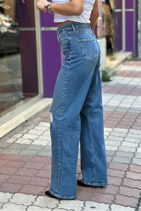 Bol Paça Diz Lazer Yırtık Detaylı Likralı Jean-Mavi