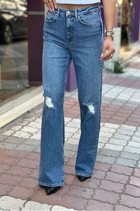Bol Paça Diz Lazer Yırtık Detaylı Likralı Jean-Mavi