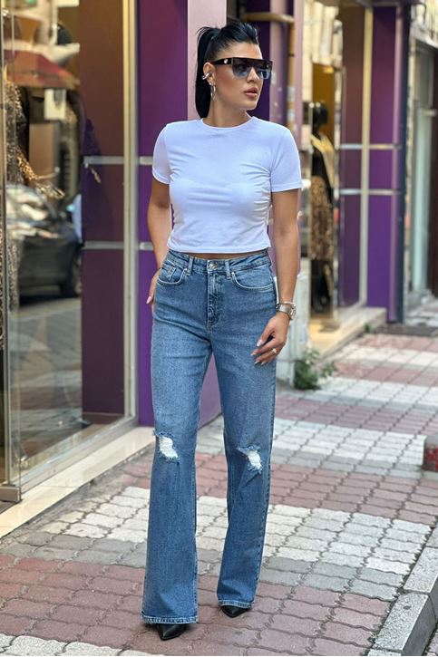 Bol Paça Diz Lazer Yırtık Detaylı Likralı Jean-Mavi