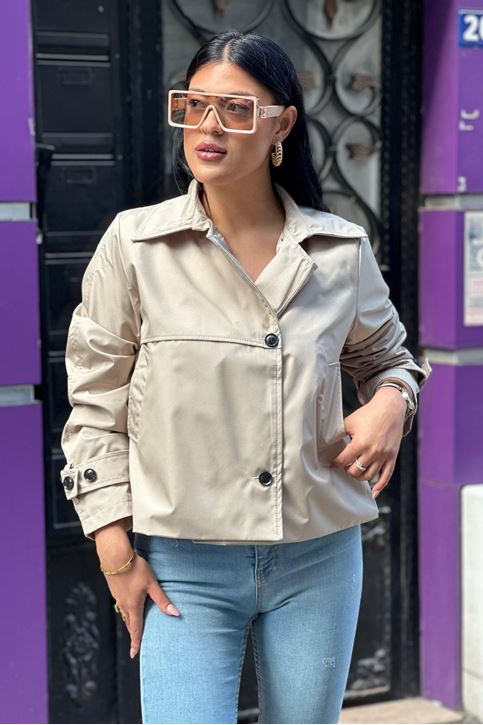 Yaka Düğme Detaylı Cepli Kol Manşet Kısa Ceket-Vizon