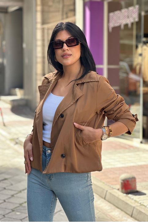 Yaka Düğme Detaylı Cepli Kol Manşet Kısa Ceket-Taba