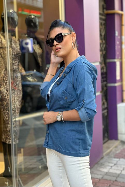 Kapşonlu Düğmeli Tensel Doku Likralı Gömlek-Mavi