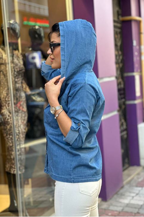 Kapşonlu Düğmeli Tensel Doku Likralı Gömlek-Mavi