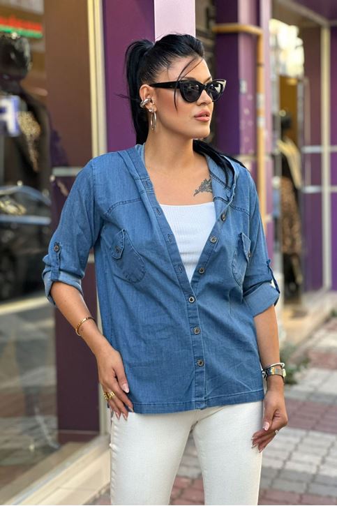 Kapşonlu Düğmeli Tensel Doku Likralı Gömlek-Mavi