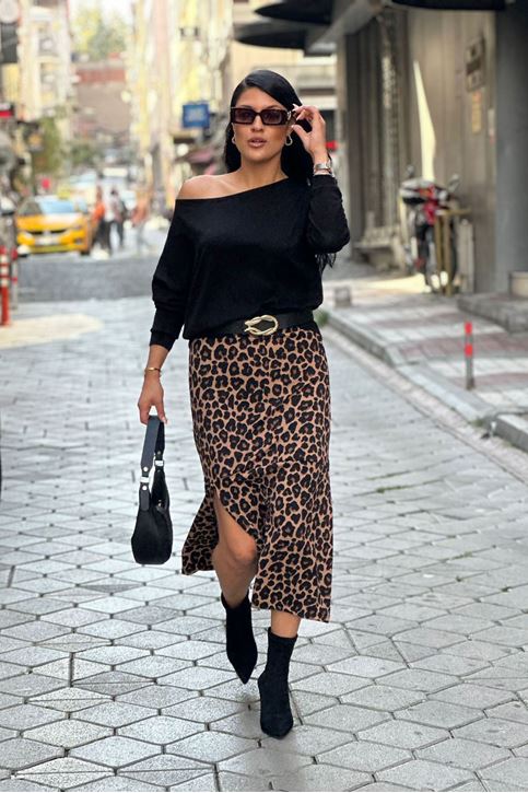 Yan Yırtmaç Detaylı Leopar Desen Likralı Etek-Leopar