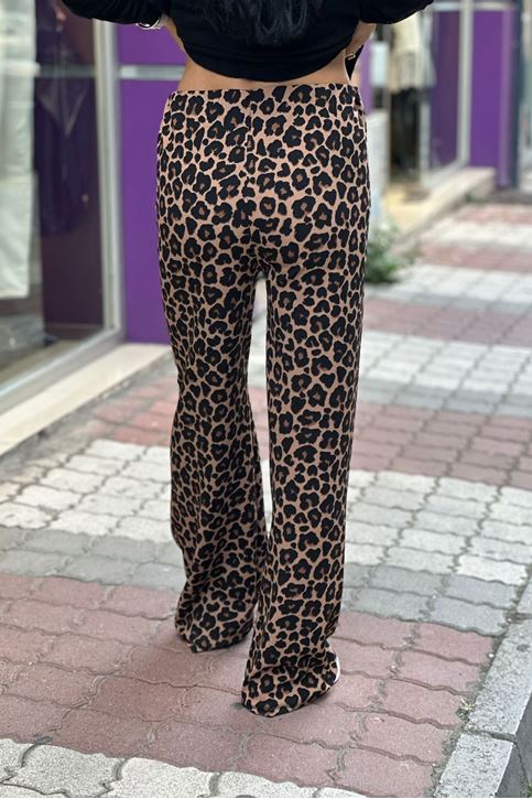 Bol Paça Esnek Leopar Desen Pantolon-Leopar