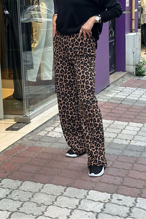 Bol Paça Esnek Leopar Desen Pantolon-Leopar