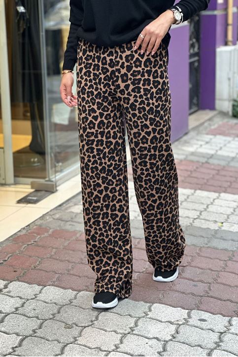 Bol Paça Esnek Leopar Desen Pantolon-Leopar