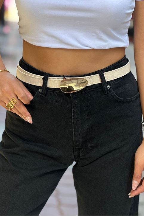 Gold Toka Detaylı Deri kemer-Krem