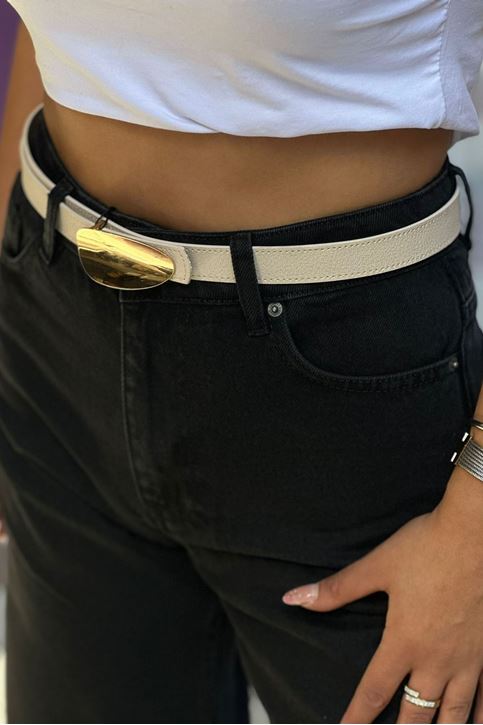 Gold Toka Detaylı Deri kemer-Krem