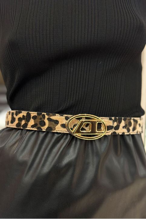 Yuvarlak Amblem Tokalı Leopar Kemer-Leopar