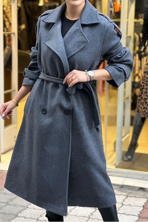 İçi Astarlı Oversize Kalıp Kaşe Kaban-Füme