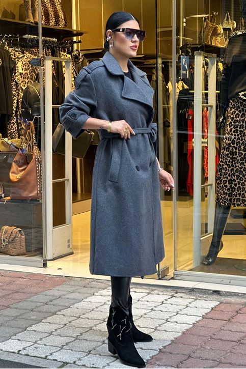 İçi Astarlı Oversize Kalıp Kaşe Kaban-Füme