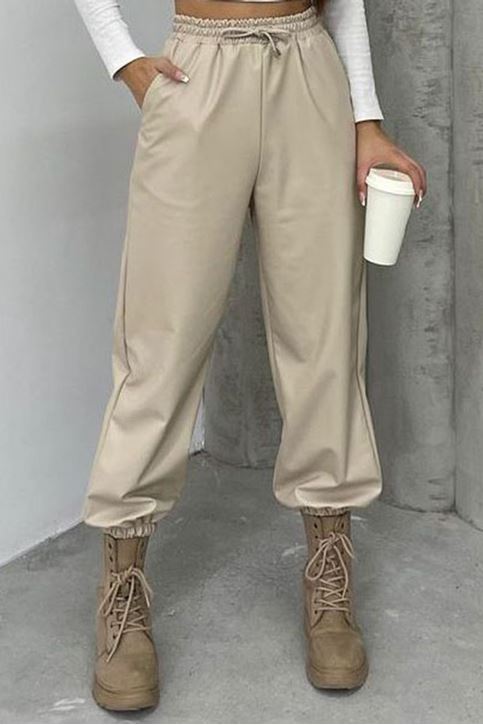 Beli Ve Paçası Lastikli İçi Şardonlu Deri Pantolon-Krem