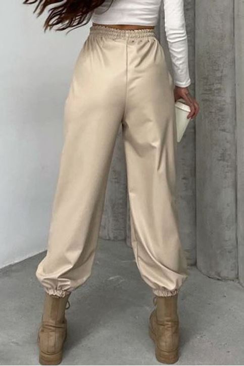 Beli Ve Paçası Lastikli İçi Şardonlu Deri Pantolon-Krem