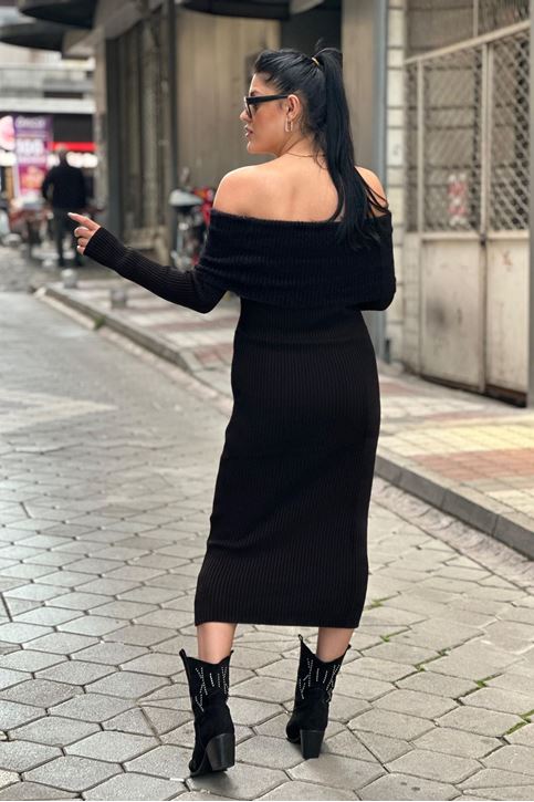 Madonna Yaka Yün Doku Triko Elbise-Siyah