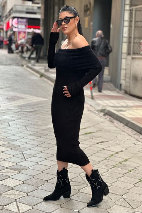 Madonna Yaka Yün Doku Triko Elbise-Siyah