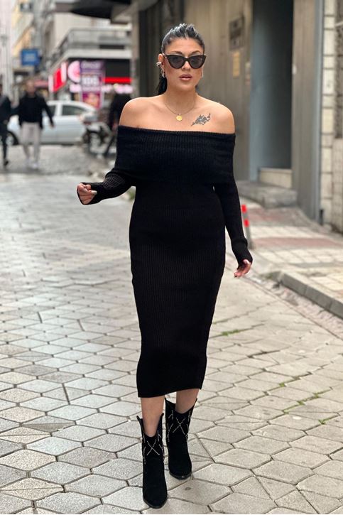 Madonna Yaka Yün Doku Triko Elbise-Siyah