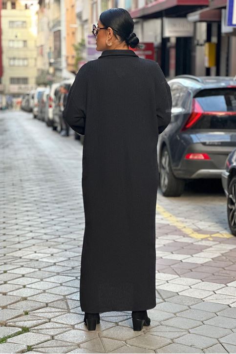 Gömlek Yaka Düğmeli Fitilli Triko Elbise-Siyah