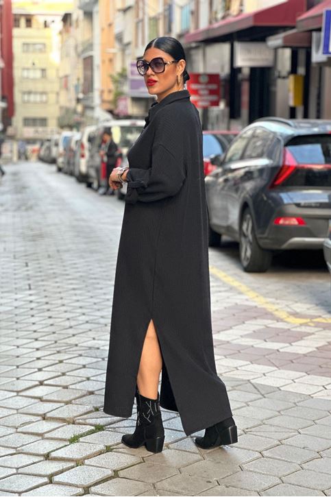 Gömlek Yaka Düğmeli Fitilli Triko Elbise-Siyah