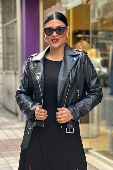 İçi Renk Astarlı Fermuar Detaylı Deri Mont-Siyah