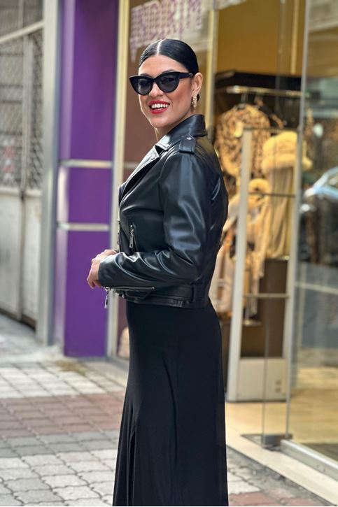 İçi Renk Astarlı Fermuar Detaylı Deri Mont-Siyah