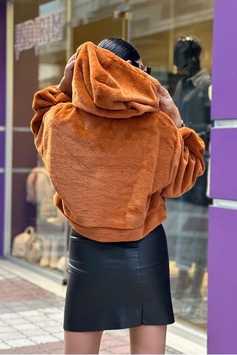 Kapşonlu Peluş Salaş Sweat-Taba