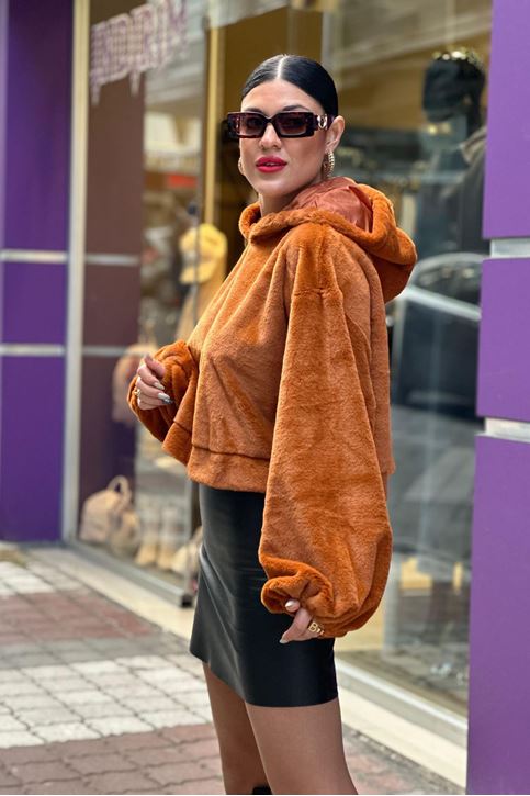 Kapşonlu Peluş Salaş Sweat-Taba