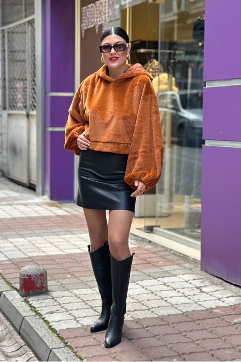 Kapşonlu Peluş Salaş Sweat-Taba