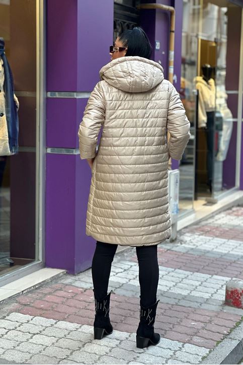 Kapşonlu Uzun Silimfit Şişme Mont-Vizon