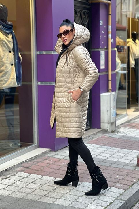 Kapşonlu Uzun Silimfit Şişme Mont-Vizon