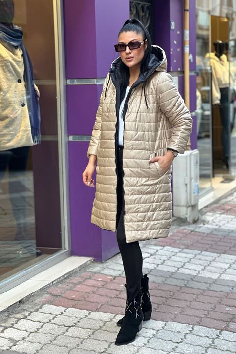 Kapşonlu Uzun Silimfit Şişme Mont-Vizon