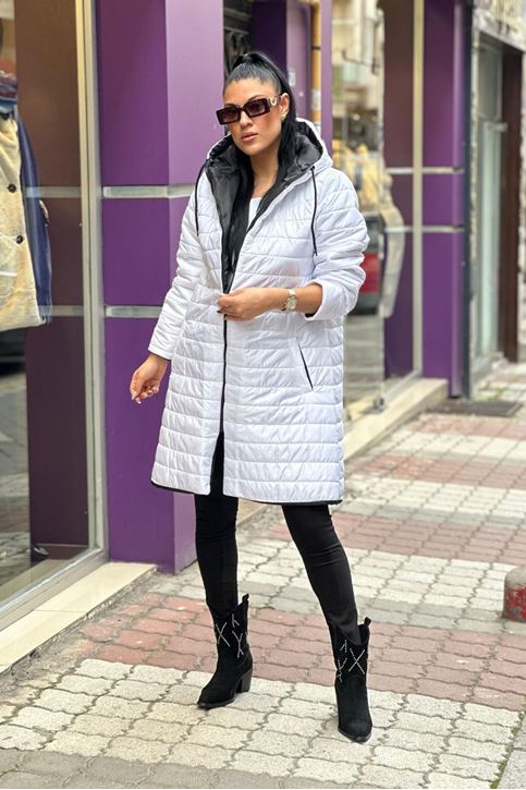 Kapşonlu Uzun Silimfit Şişme Mont-Beyaz