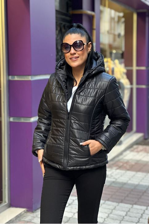 Kapşonlu İçi Siyah Astarlı Silimfit Mont-Siyah