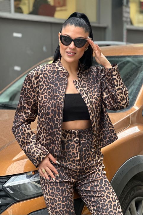 Esnek Doku Leopar Desenli İspanyol Model Ceketli Takım-Leopar