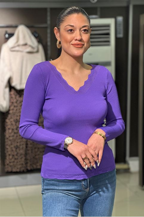 Merdiven Yaka Lazer Kesim Fitilli Bluz-Mor