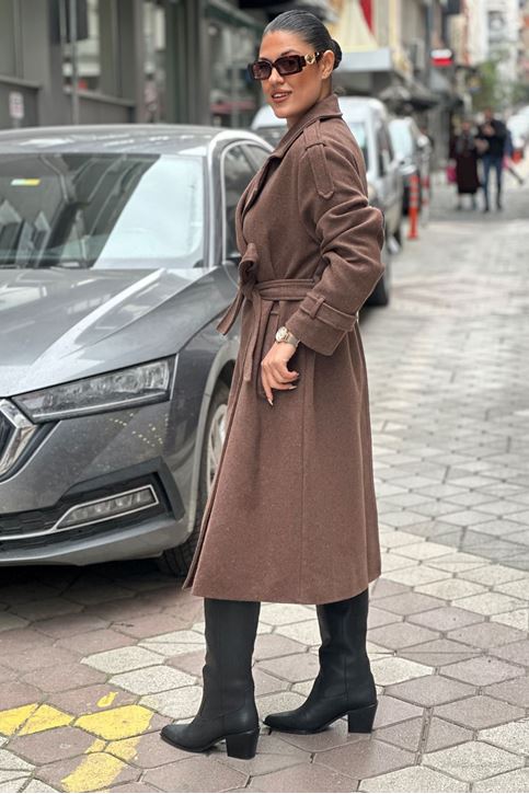 İçi Astarlı Oversize Kalıp Kaşe Kaban-Kahve