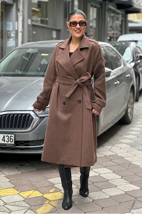 İçi Astarlı Oversize Kalıp Kaşe Kaban-Kahve