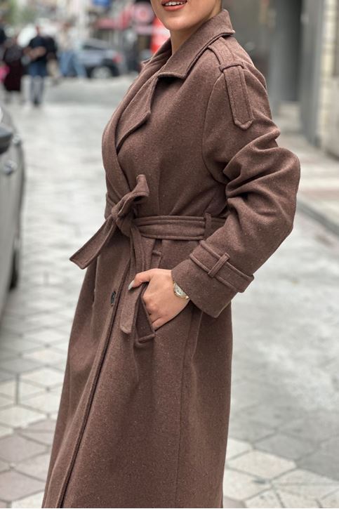 İçi Astarlı Oversize Kalıp Kaşe Kaban-Kahve