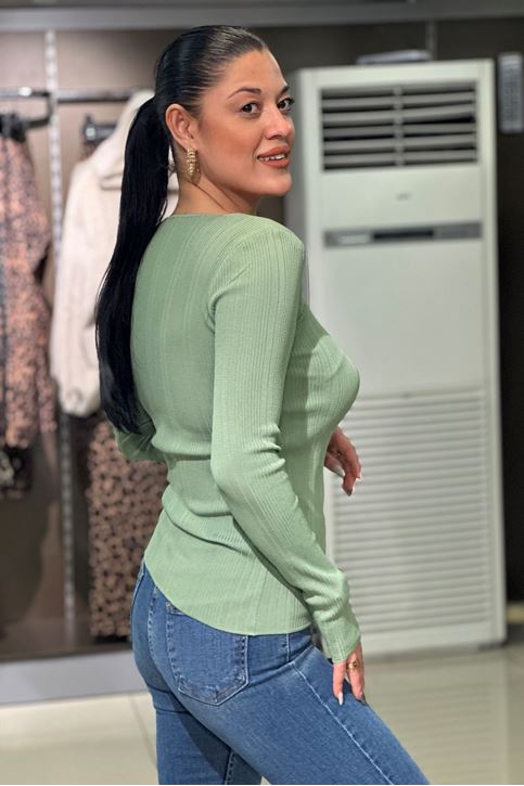 Kare Yaka Fitilli Uzun Kol Bluz-Mint