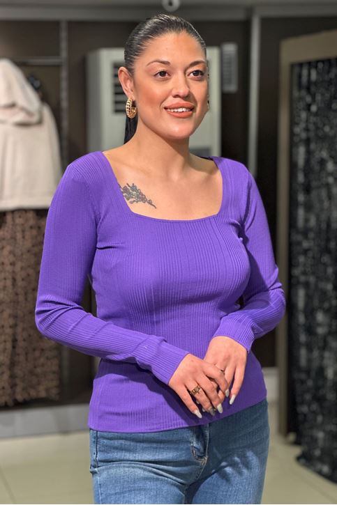 Kare Yaka Fitilli Uzun Kol Bluz-Mor