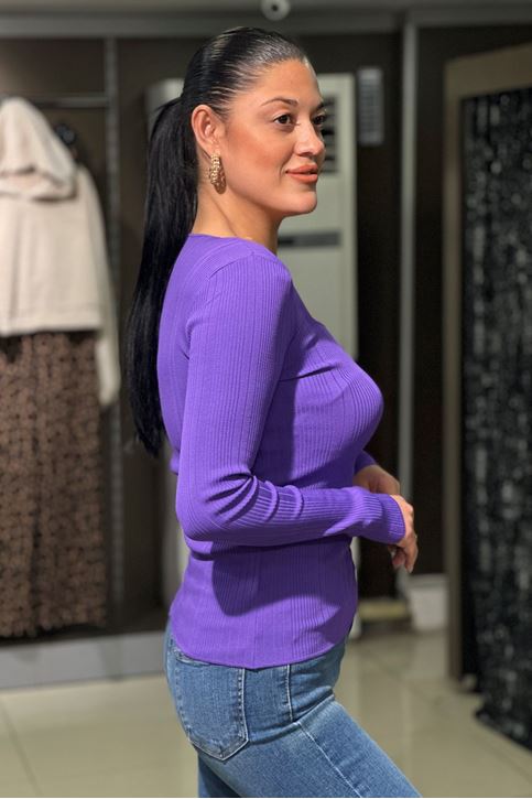 Kare Yaka Fitilli Uzun Kol Bluz-Mor