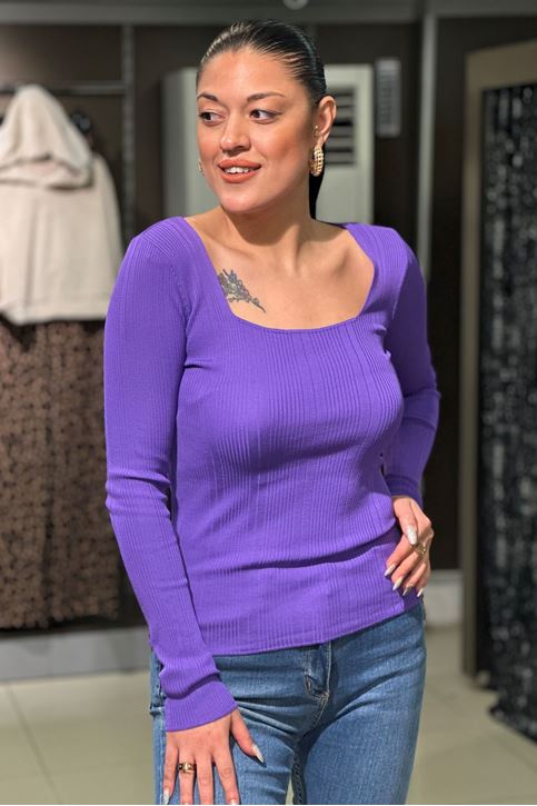 Kare Yaka Fitilli Uzun Kol Bluz-Mor